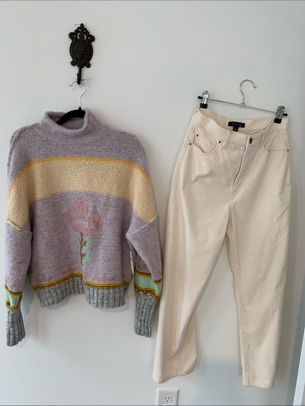 Pilcro Lavender Floral Stripe Turtleneck Sweater outfit/ ivory cords 4- Women